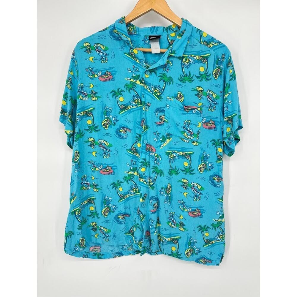 Tom & Jerry Hawaiian Shirt Men Button Down Short Sleeve Large Beach Cartoon Blue